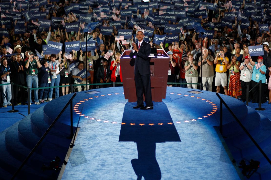 Barack Obama greets delegates before he accepts the Democratic presidential nomination at the 2008 Democratic National Convention on August 28, 2008, in Denver, Colorado.