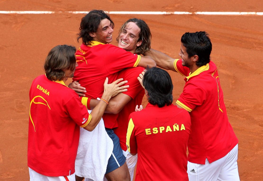 Nadal celebrates with his teammates after reaching the 2008 Davis Cup final.