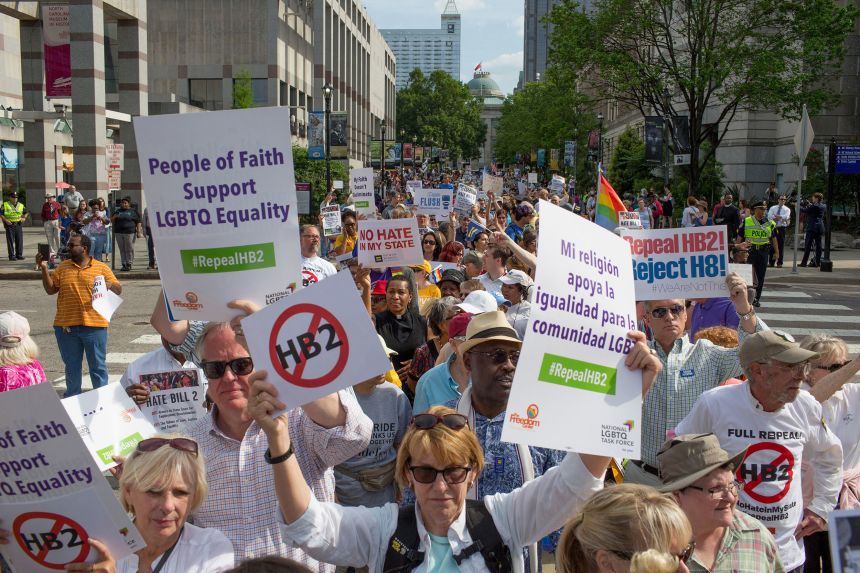 Demonstrators call for the repeal of HB2 in Raleigh, North Carolina, on April 25, 2016.