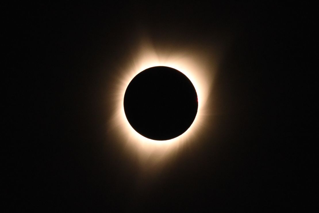 The sun's corona, or hot outer atmosphere, is visible as the moon passes in front of the sun during a total solar eclipse at Big Summit Prairie ranch in Oregon's Ochoco National Forest on August 21, 2017.