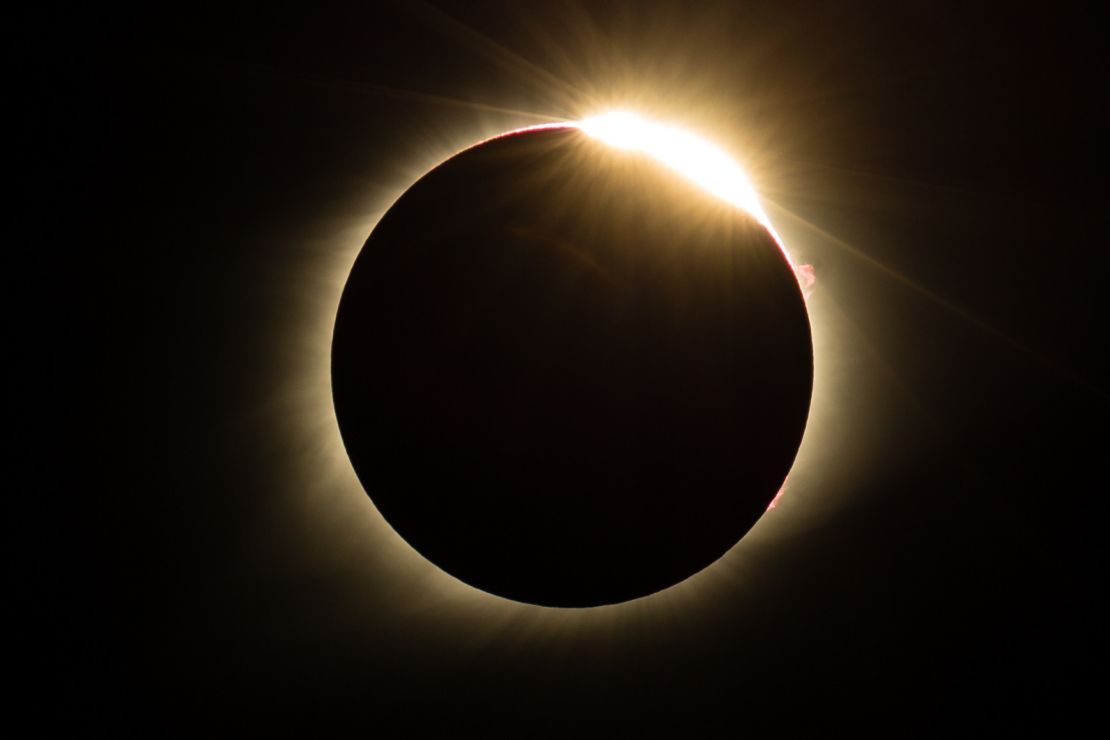 The diamond ring effect is seen during the total solar eclipse on August 21, 2017, in St. Louis, Missouri.