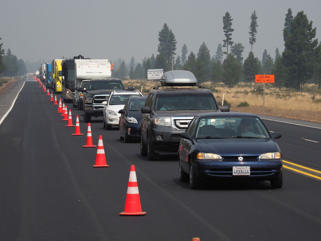A long line of traffic near La Pine, Oregon, in 2017 gives an idea of what people on the move could face this year.