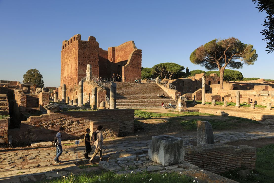 The main temple of Jupiter, Juno and Minerva, at Ostia Antica, near Rome. The site has been well preserved by sand dunes.