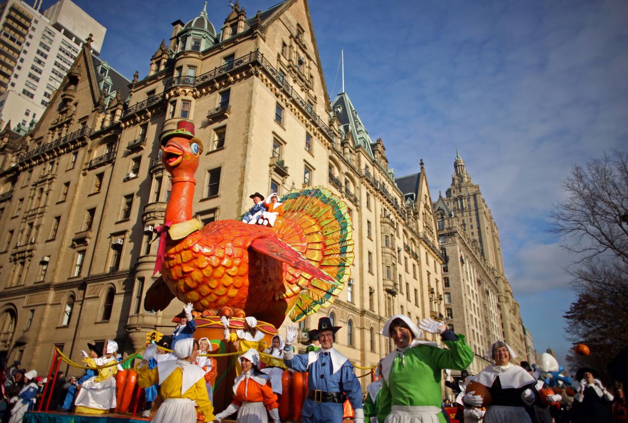 Parade participants guide a turkey float at the annual Macy's Thanksgiving Day Parade in New York in 2008.