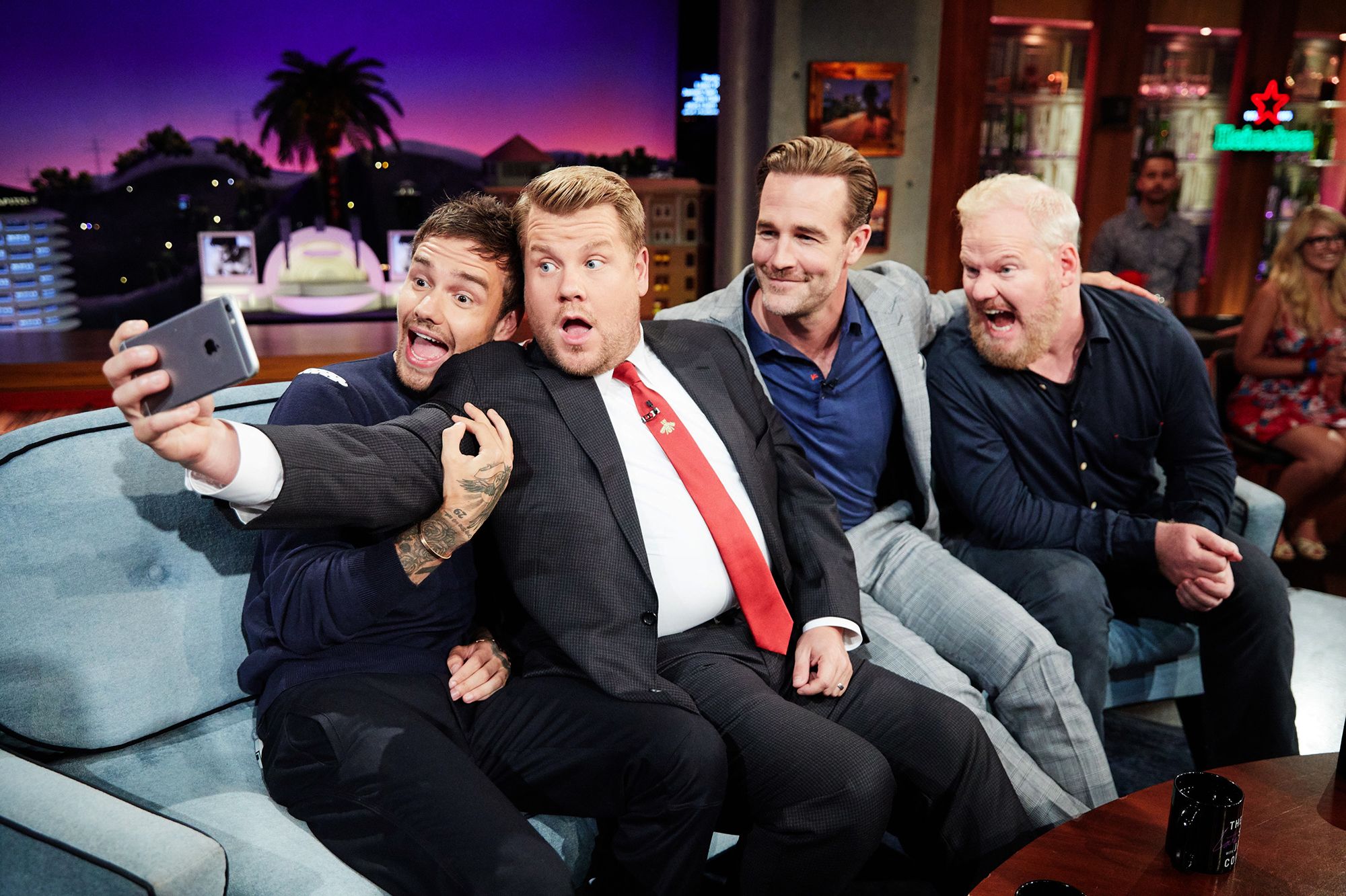 From left: Payne, James Corden, James Van Der Beek, and Jim Gaffigan take a selfie on the set of "The Late Late Show with James Corden" in 2017.