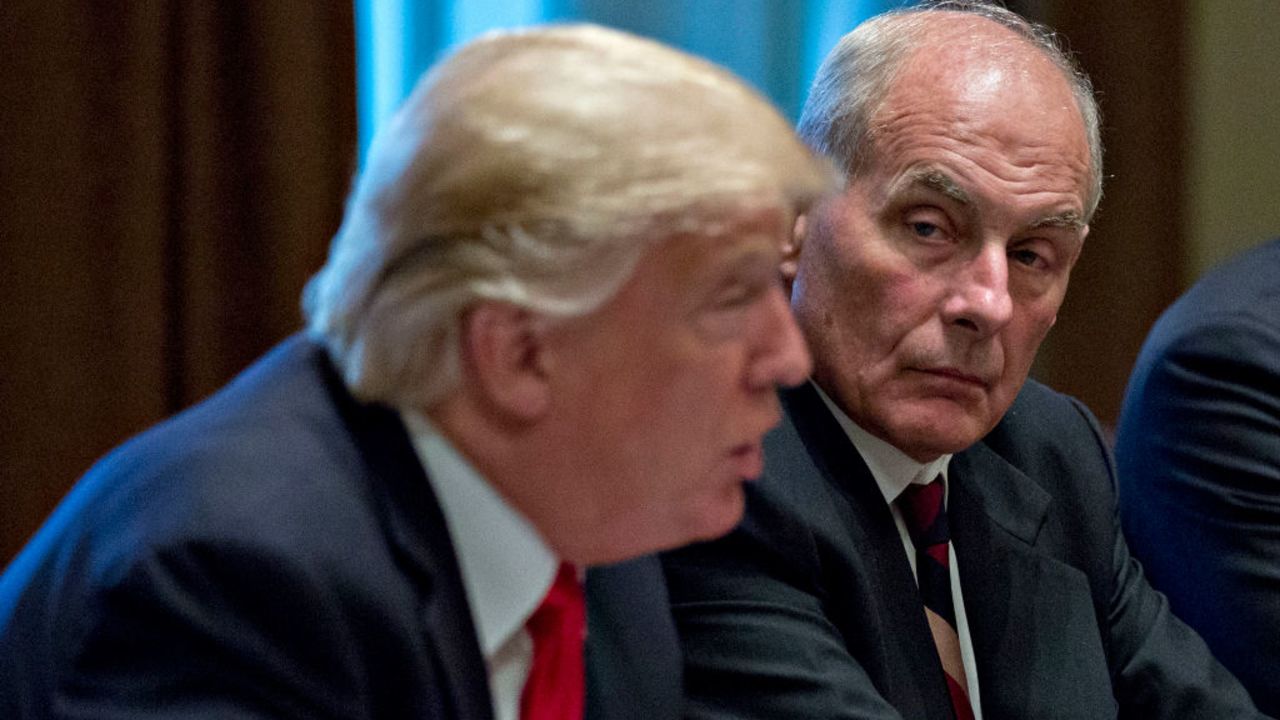 WASHINGTON, DC - OCTOBER 5:  White House chief of staff John Kelly listens as U.S. President Donald Trump speaks at a briefing with senior military leaders in the Cabinet Room of the White House October 5, 2017 in Washington, D.C. Mattis said this week that the U.S. and allies are "holding the line" against the Taliban in Afghanistan as forecasts of a significant offensive by the militants remain unfulfilled.  (Photo by Andrew Harrer-Pool/Getty Images)