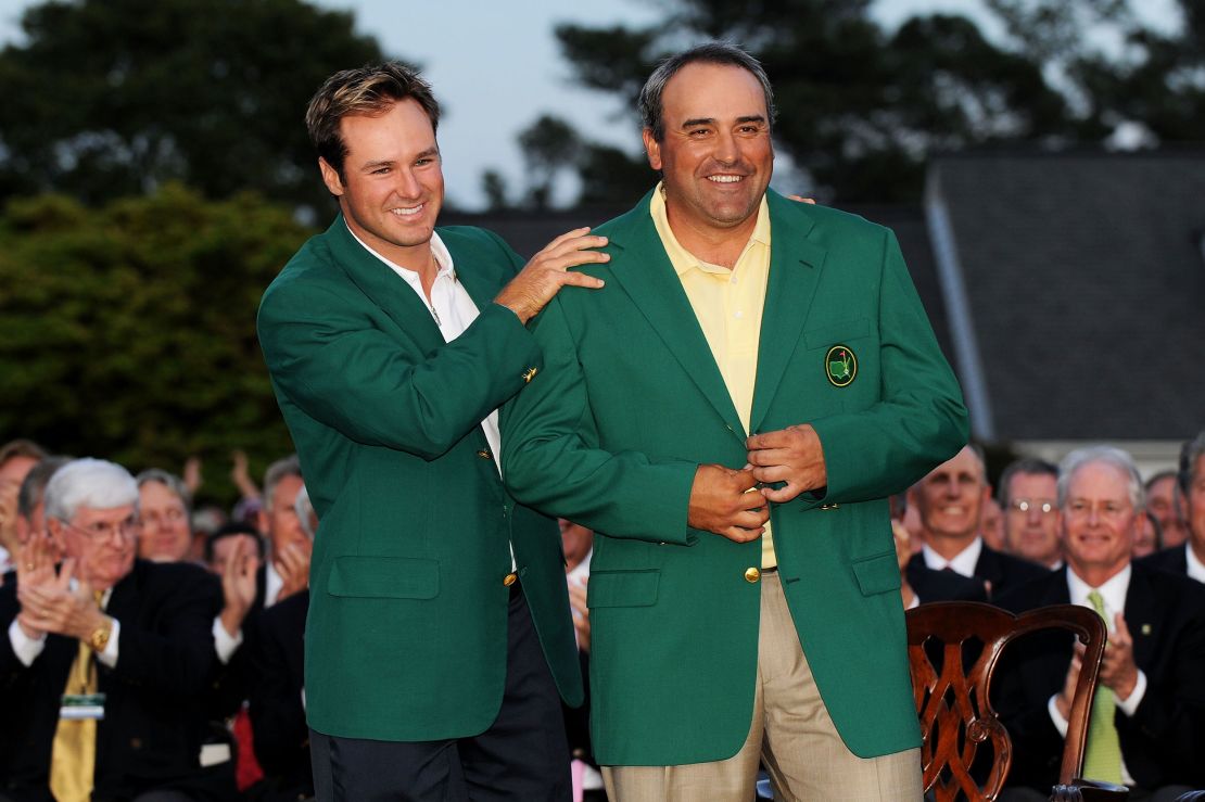 Angel Cabrera of Argentina during the green jacket presentation after he defeated Kenny Perry on the second sudden death playoff hole to win the 2009 Masters.