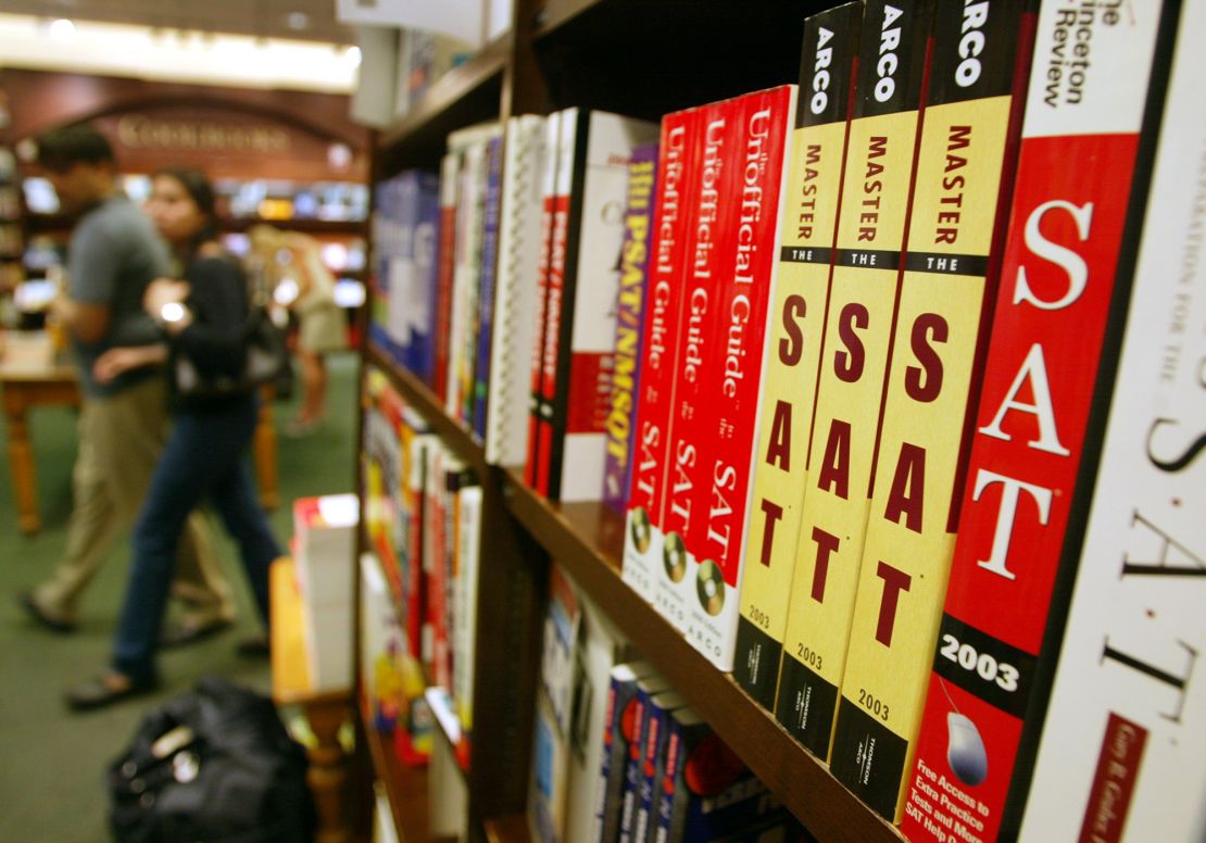 SAT test preparation books sit on a shelf at a Barnes and Noble store June 27, 2002 in New York City.