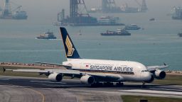 HONG KONG, HONG KONG - OCTOBER 23: An Airbus A380 passenger plane belonging to the Singapore Airlines taxis down the runway at Hong Kong International Airport, on 23 October 2017, in Hong Kong, Hong Kong. (Photo by studioEAST/Getty Images)