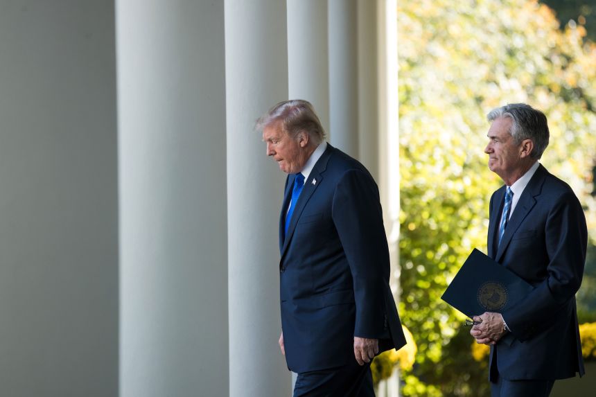President Donald Trump walks with his then-nominee for the chairman of the Federal Reserve Jerome Powell on their way to a press event in the Rose Garden at the White House, on November 2, 2017.