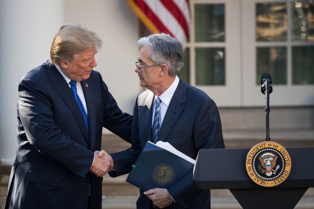 President Donald Trump shakes hands with his nominee for the chairman of the Federal Reserve Jerome Powell during a press event in the Rose Garden at the White House, November 2, 2017 in Washington, DC.