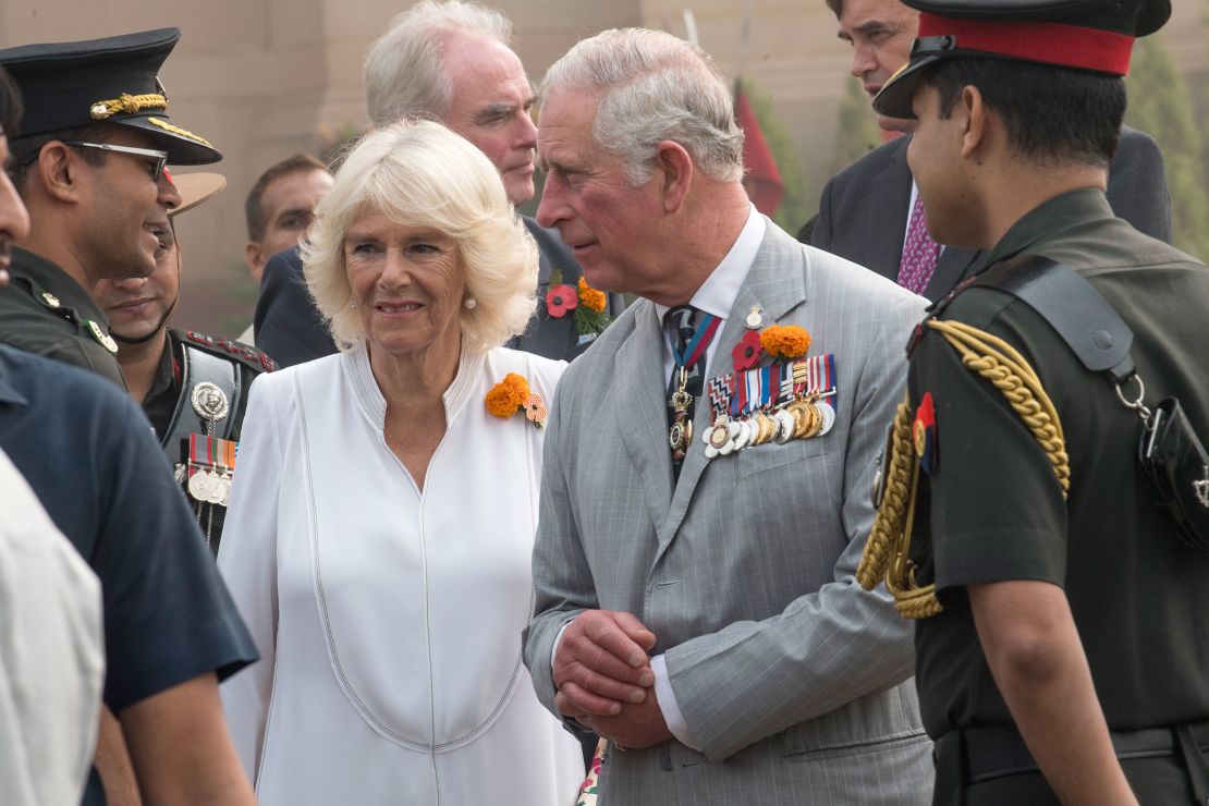 Then-Prince Charles and Camilla during a visit to India on November 9, 2017 in New Delhi. 