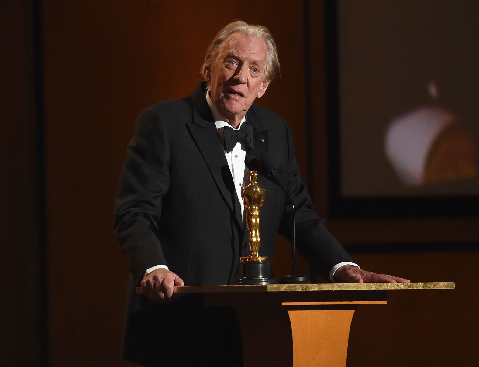 HOLLYWOOD, CA - NOVEMBER 11: Donald Sutherland, winner of Honorary Award, speaks onstage at the Academy of Motion Picture Arts and Sciences' 9th Annual Governors Awards at The Ray Dolby Ballroom at Hollywood & Highland Center on November 11, 2017 in Hollywood, California. (Photo by Kevin Winter/Getty Images)