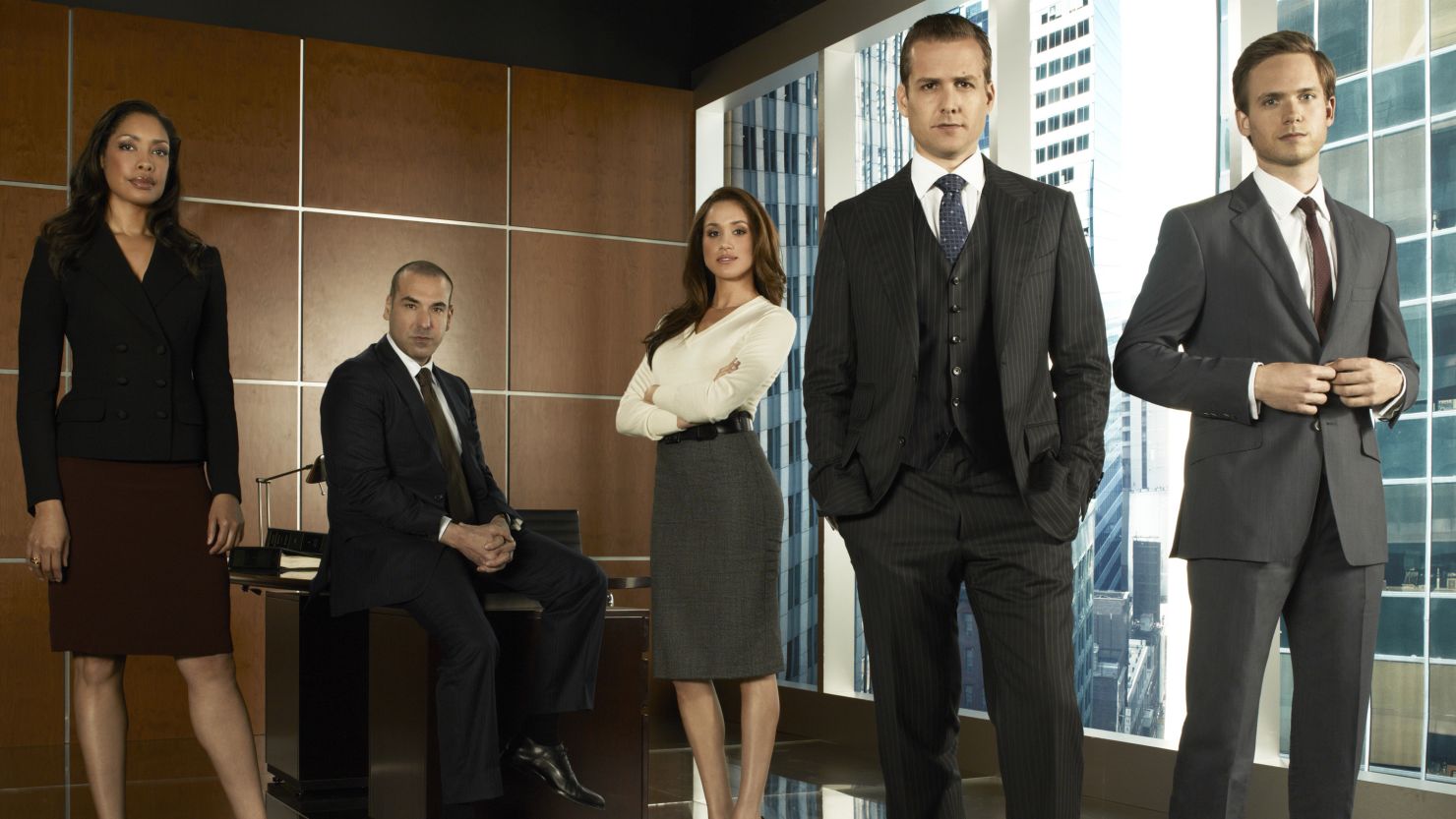 The cast of 'Suits.' From left: Gina Torres, Rick Hoffmann, Meghan Markle, Gabriel Macht and Patrick J. Adams.