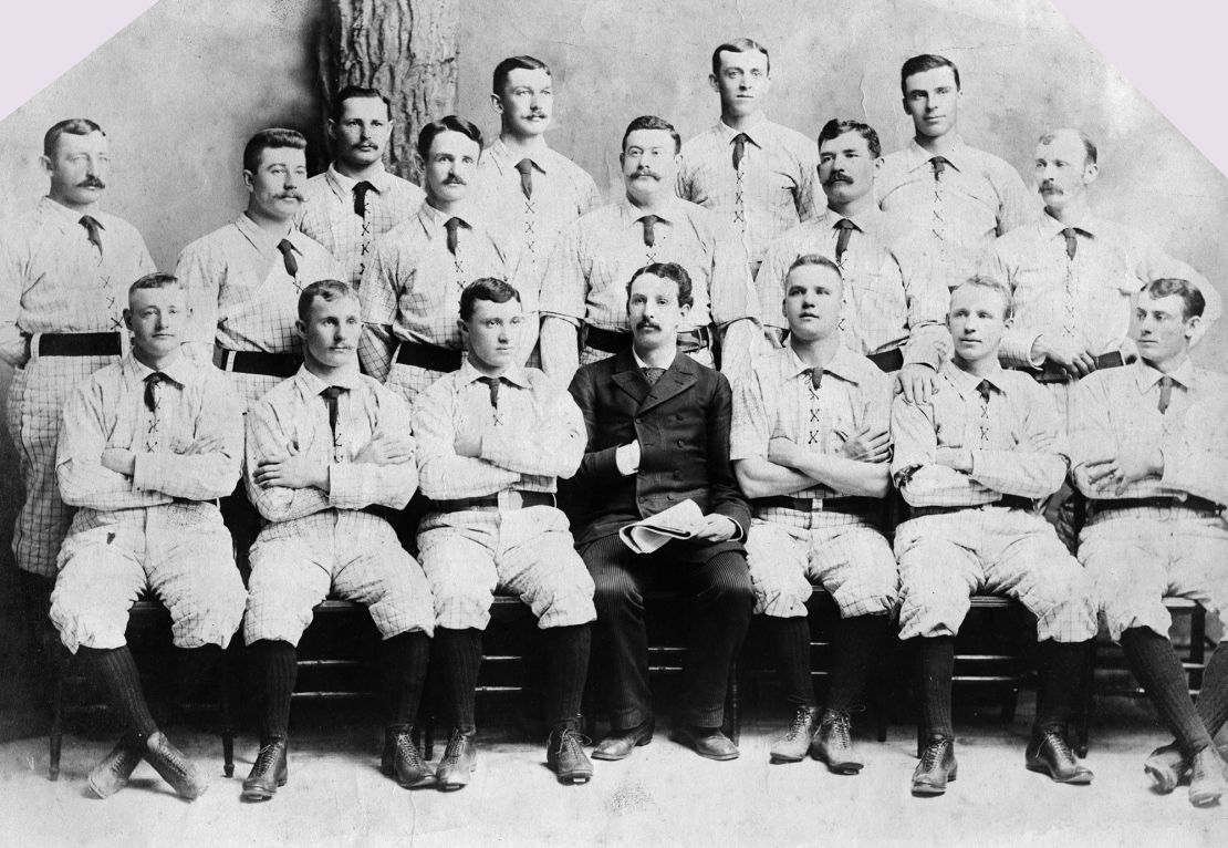 The Brooklyn Bridegrooms pose for their 1888 team portrait. Their stars were "Parisian" Bob Caruthers, middle row third from left, Dave Orr, middle row third from right, and Dave Foutz, back row, second from right.