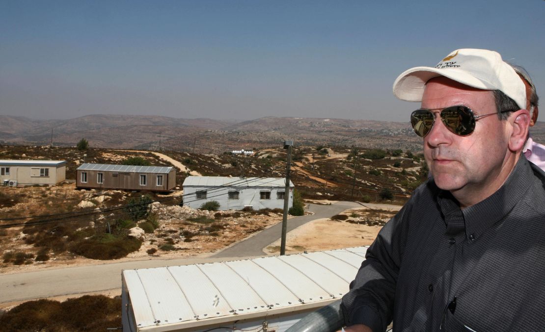 Donald Trump’s pick for US ambassador to Israel, Mike Huckabee, visits the West Bank Israeli settlement of Beit El, near Ramallah, on August 18, 2009.