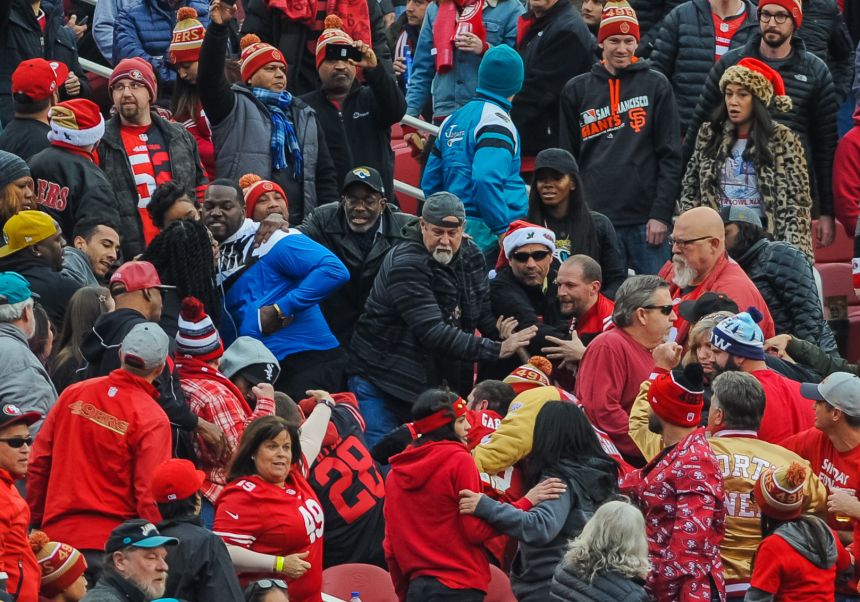 A fight takes place at Levi's Stadium during a San Francisco 49ers game in 2017.