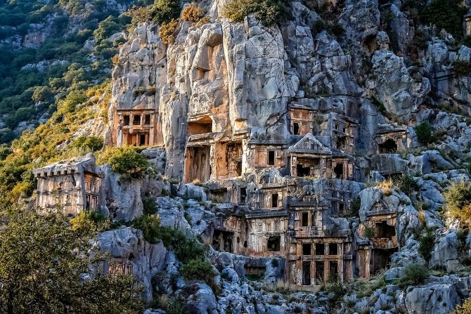 <strong>Rock stars:</strong> This burial site in the ancient city of Myra has numerous tombs honeycombed into the side of the cliff. Experts speculate the higher tombs may have belonged to people of higher status.