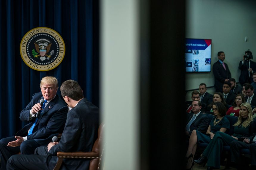 President Donald Trump talks with Charlie Kirk on March 22, 2018.