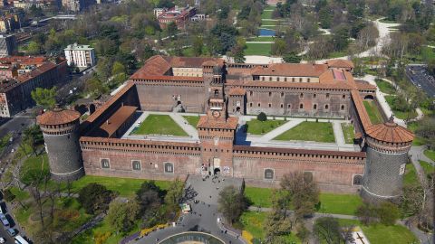 Aerial view of the Sforza Castle, Milan, Lombardy. Italy, 14th-15th century.