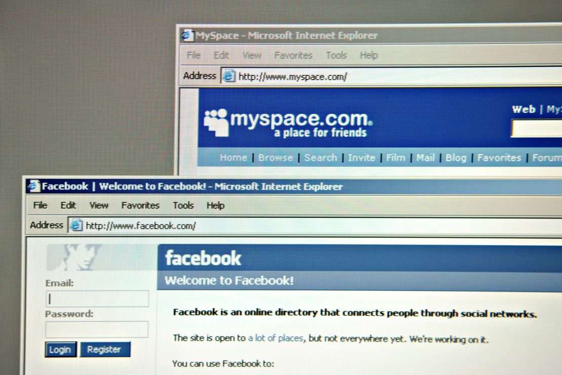 The home pages of facebook.com and myspace.com are arranged for a photograph on a computer screen on September 7, 2006.