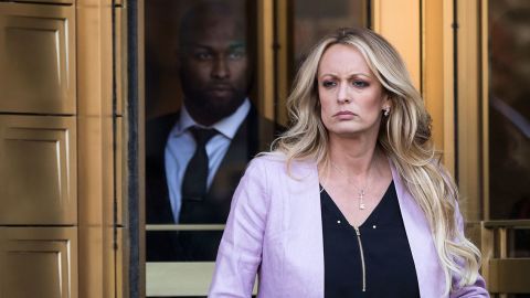 In this April 2018 photo, adult film actress Stormy Daniels exits the United States District Court Southern District of New York in New York City.