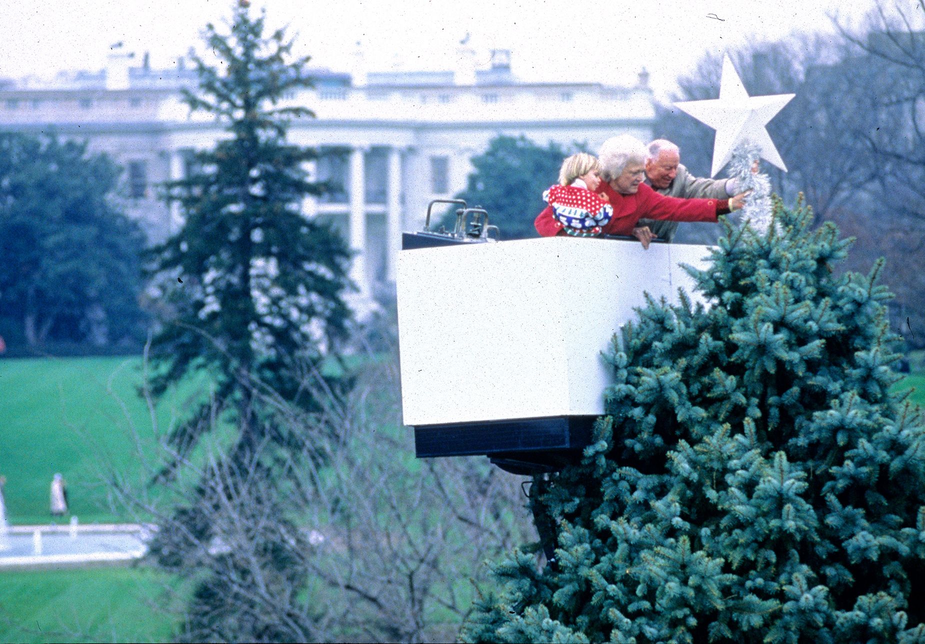 <strong>1992</strong>: Barbara Bush in a cherrypicker, placing a star on a tree in the White House grounds.