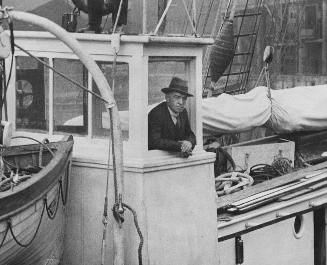 Ernest Shackleton is seen aboard Quest as it departs from London on September 17, 1921.