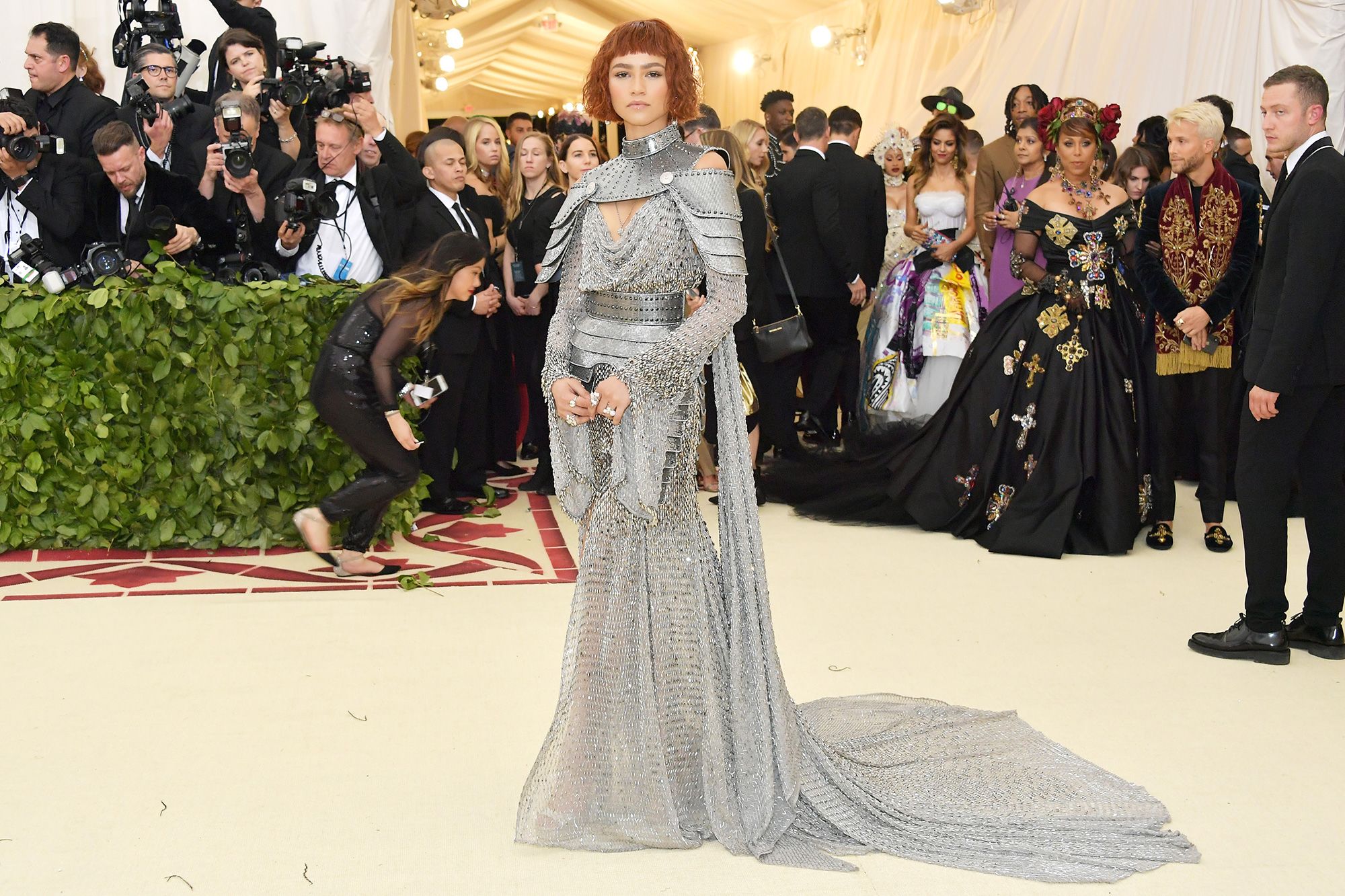 Zendaya dressed as the patron saint for the 2018 Met Gala theme "Heavenly Bodies: Fashion & The Catholic Imagination."