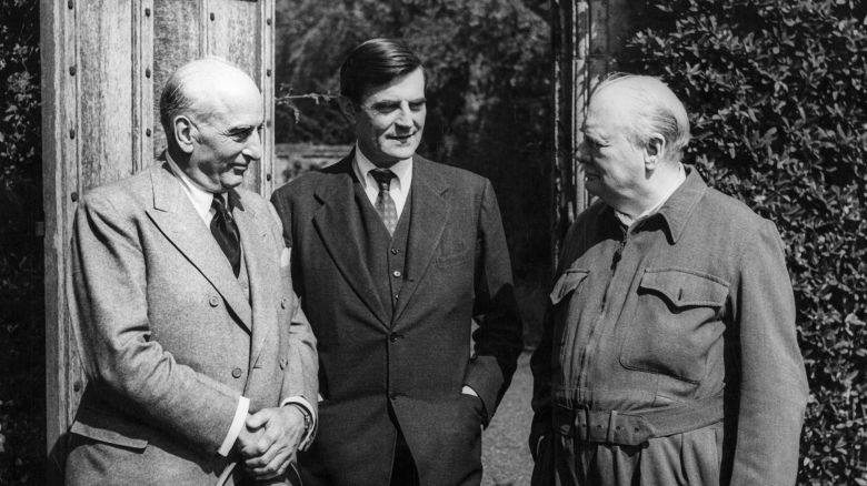 Joseph Davies, personal representative of President Truman, Mr Winant, US Ambassador to London and Winston Churchill photographed in Chequers Garden, UK circa 1940.
