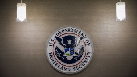 WASHINGTON, DC - MAY 11: U.S. Department of Homeland Security logo is seen inside press conference room on Thursday, May 11, 2017, at the U.S. Immigration and Customs Enforcement  headquarters in Washington, DC. (Photo by Salwan Georges/The Washington Post via Getty Images)