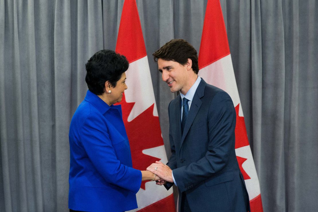 Nooyi meets Canada's Prime Minister Justin Trudeau in New York City in 2018.