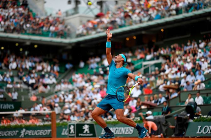 Rafael Nadal serves during a French Open match in 2018.