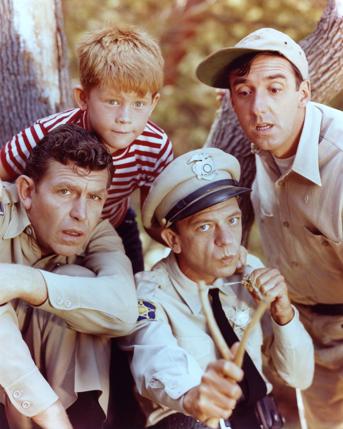 Andy Griffith as Sheriff Andy Taylor, Jim Nabors as Gomer Pyle, Ron Howard as Opie Taylor and Don Knotts as Deputy Barney Fife in 'The Andy Griffith Show,' circa 1963.