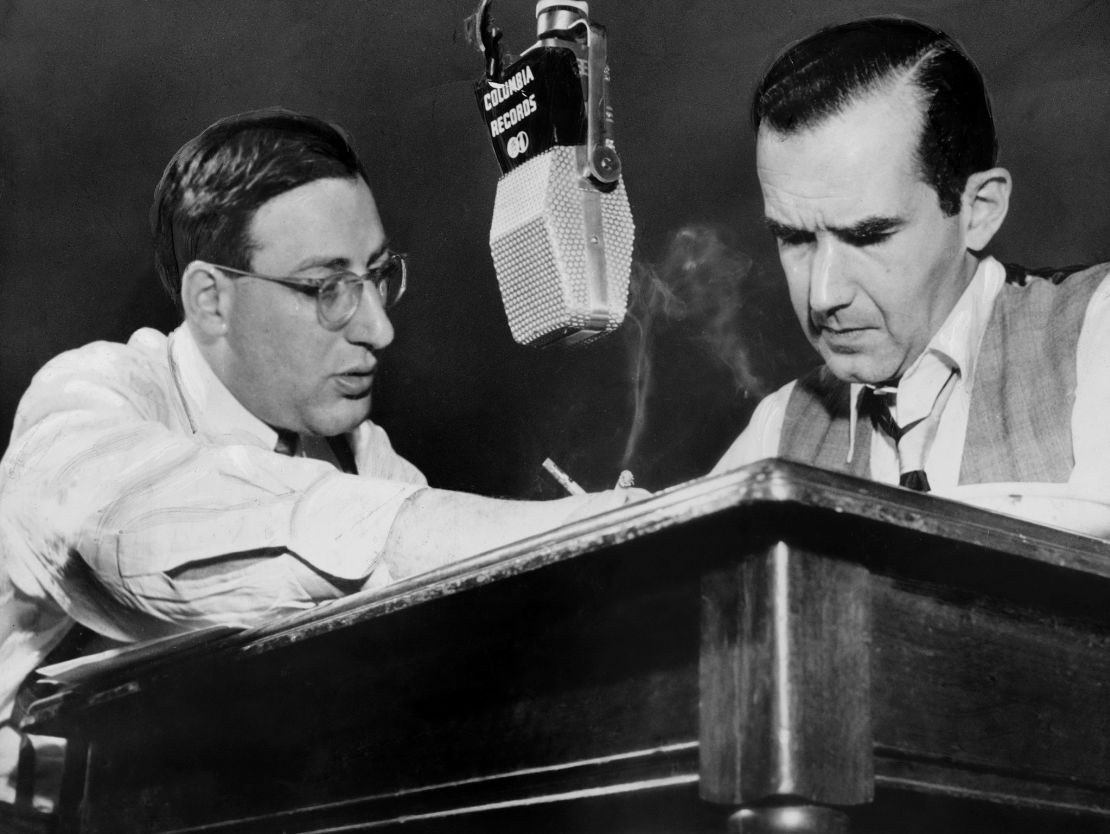 Edward R. Murrow (right) and Fred Friendly, co-producers of the CBS television series 