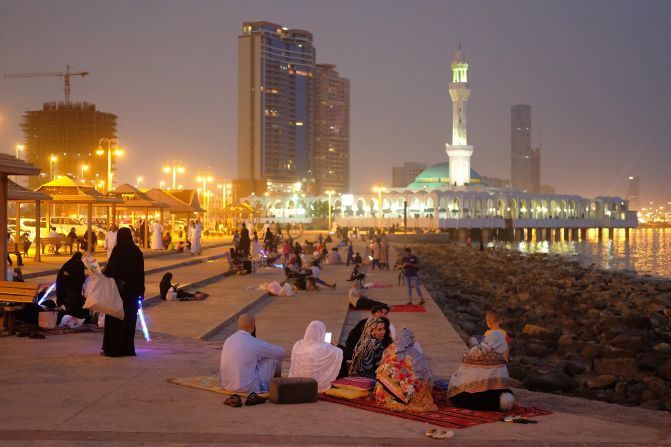 <strong>Religious sites:</strong> The <a  target="_top" href="/newspapers?url=https://www.visitsaudi.com/en/stories/tips-for-women-traveling-to-saudi" target="_blank">Saudi Arabian Tourism Board </a>advises that there are separate rules in place for visiting religious sites, such as mosques, where women are asked to cover their hair, and remove shoes. Here, locals gather outside the Al Rahma mosque in Jeddah.