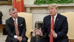 WASHINGTON, DC - JUNE 25: U.S. President Donald Trump speaks as King Abdullah II looks on during a meeting  in the Oval Office of the White House on June 25, 2018 in Washington, DC. (Photo by Olivier Douliery-Pool/Getty Images)