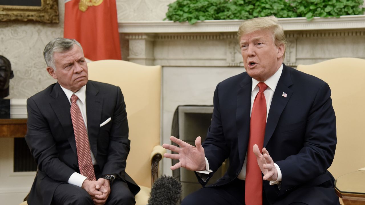 WASHINGTON, DC - JUNE 25: U.S. President Donald Trump speaks as King Abdullah II looks on during a meeting  in the Oval Office of the White House on June 25, 2018 in Washington, DC. (Photo by Olivier Douliery-Pool/Getty Images)