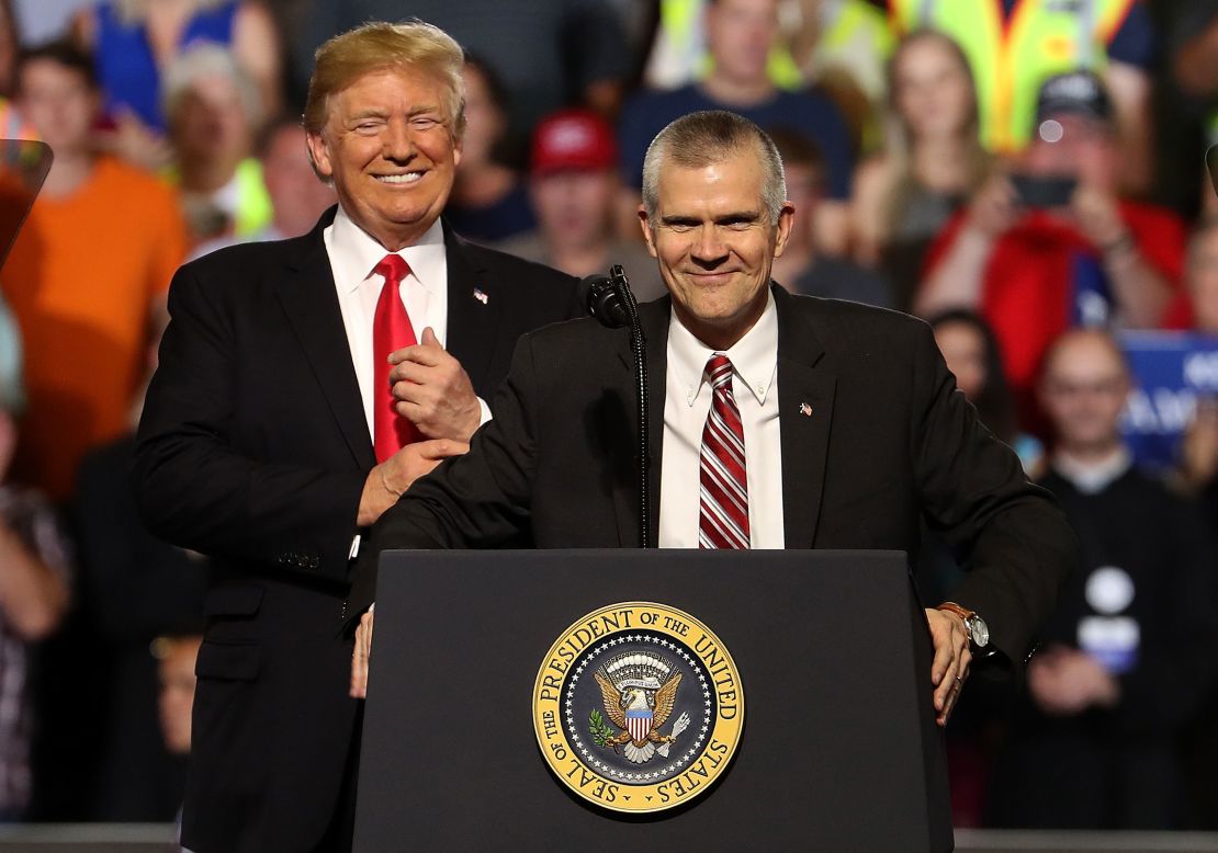 Then-President Donald Trump and Matt Rosendale during a campaign rally at Four Seasons Arena in Great Falls, Montana, in 2018.