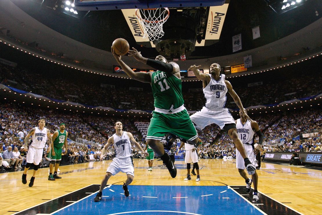 Glen Davis drives for a shot against Rashard Lewis (right) of the Orlando Magic in Game Two of the Eastern Conference Finals during the 2010 NBA playoffs.