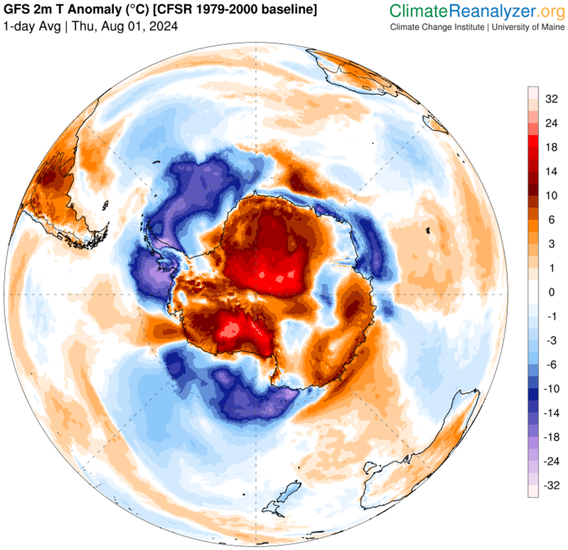 Temperature departures from normal are shown over Antarctica on August 1, 2024. Reds indicate  warmer than normal conditions while blues indicate cooler than normal conditions.