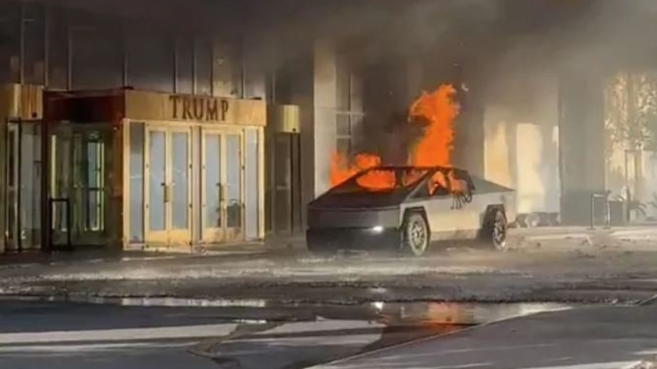 A Tesla Cybertruck is on fire in front of the Trump International Tower in Las Vegas on Wednesday, January 1.