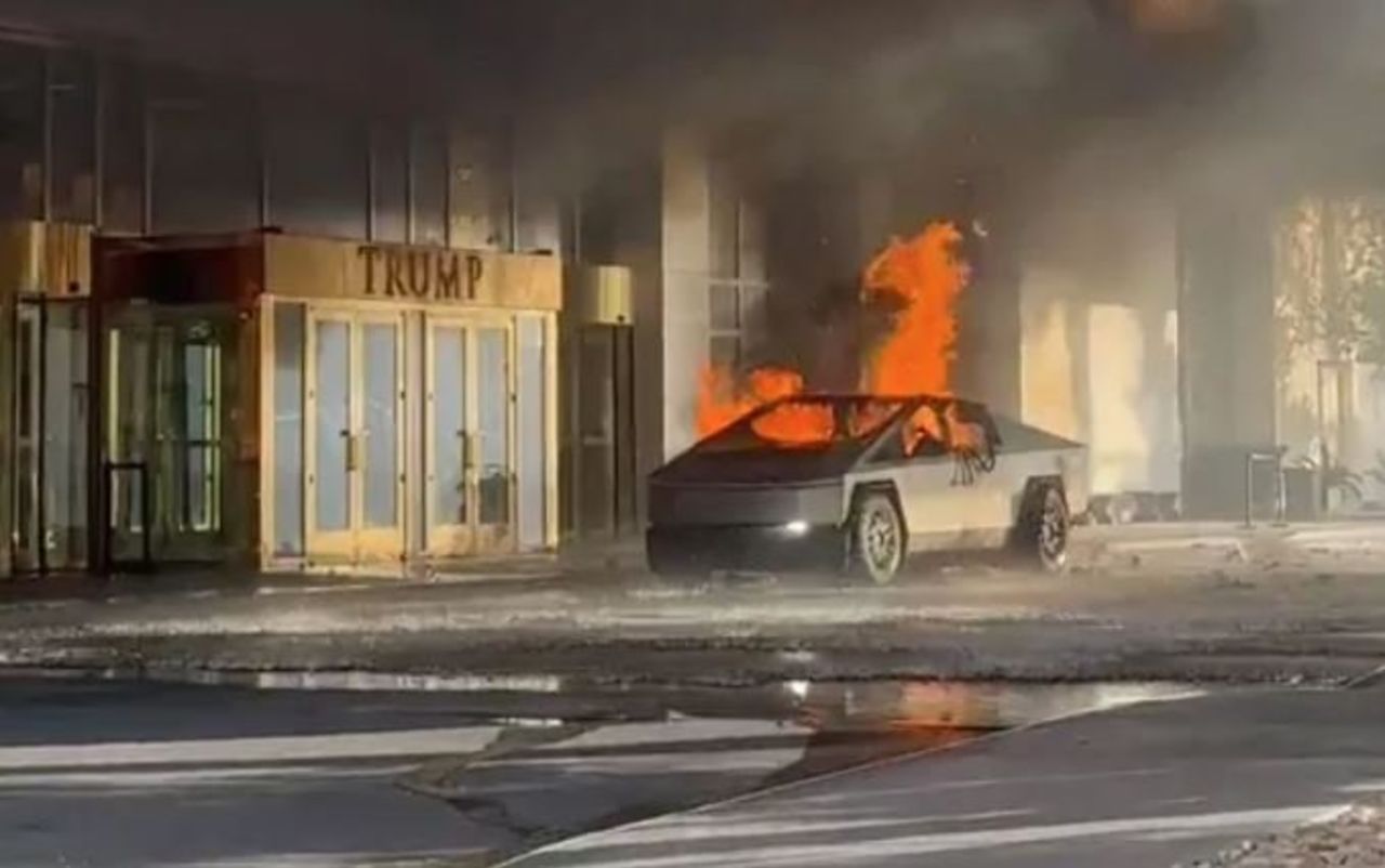 A Tesla Cybertruck is on fire in front of the Trump International Tower in Las Vegas on January 1.