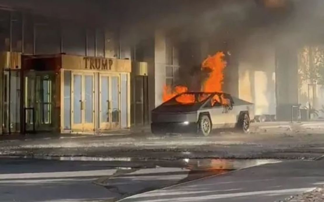 On Wednesday, January 1st, a Tesla Cybertruck burns in front of the Trump International Tower in Las Vegas.