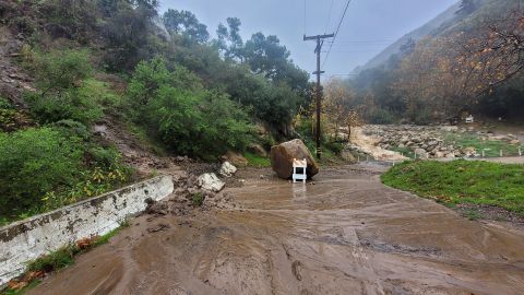 A mudslide covers a road in Santa Barbara County on Monday, February 19, 2024.