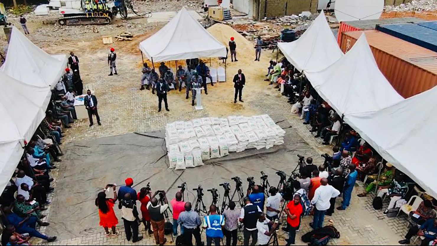 Bags of confiscated rice for sale are seen in Lagos, Nigeria, in this photo shared by Nigeria Customs services on February 23, 2024.