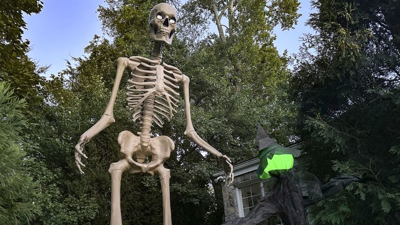 Giant skeleton outside in front of a house