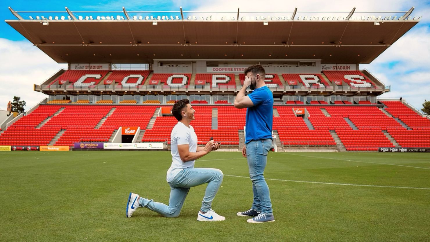 Soccer star Joshua Cavallo proposing to his partner Leighton Morrell at Coopers Stadium in Adelaide.
