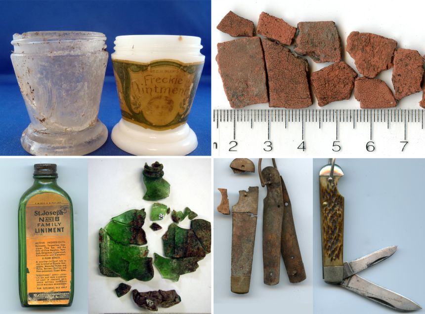 Artifacts found on Nikumaroro that TIGHAR believes may have been connected to Earhart. (From top left) A jar similar in style to that of Dr. C.H. Berry's Freckle Ointment. Earhart was known to have been concerned about her freckles; fragments of red material chemically consistent with an early 20th century cosmetic; a broken-apart knife, similar to a knife listed in the Electra's inventory; a shattered glass bottle. The bottle design was patented on May 30, 1933, according to TIGHAR research.