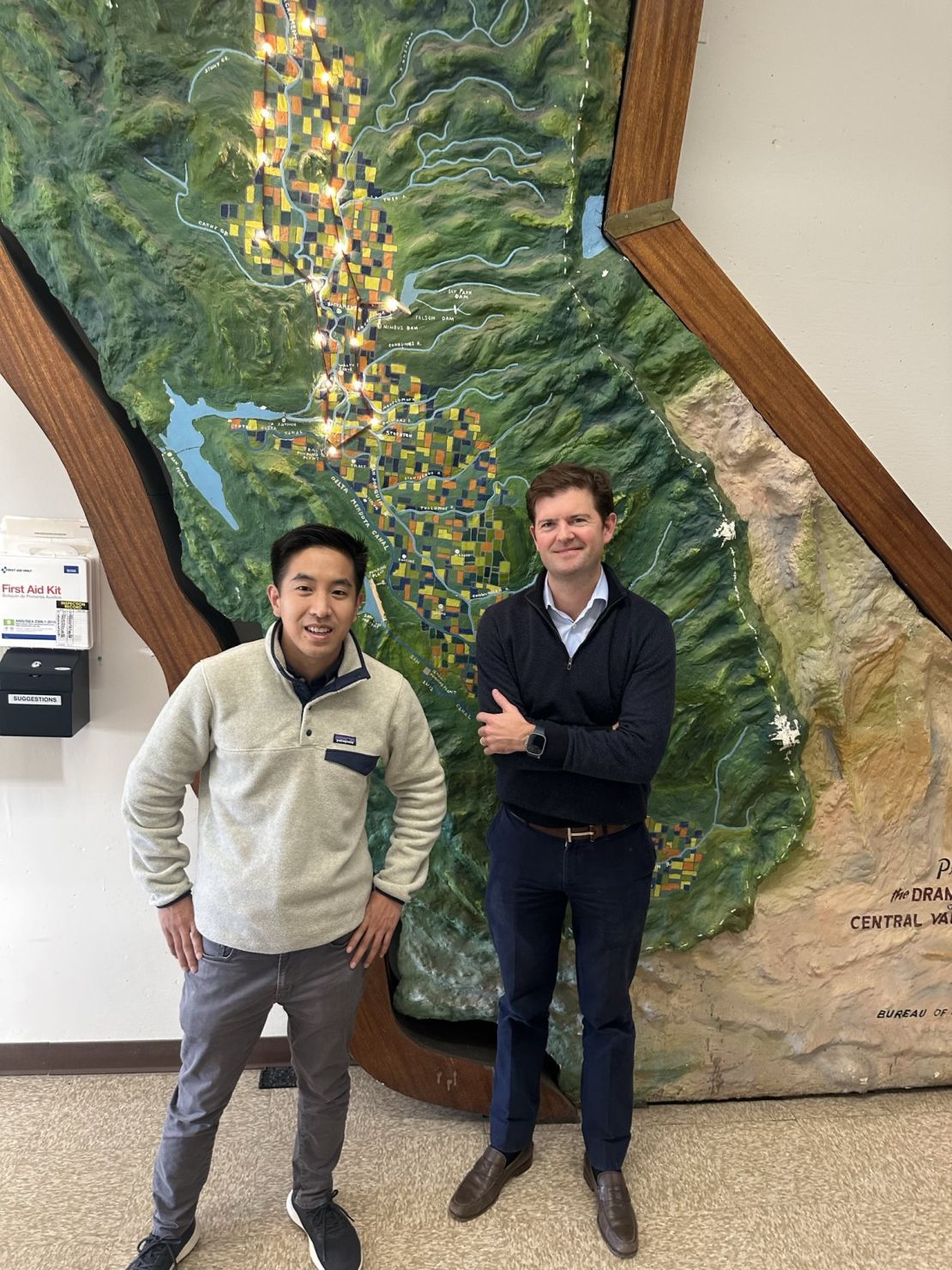 Bryton Shang, left, and Tyler Hassen pose at the Jones Pumping Plant in late January.